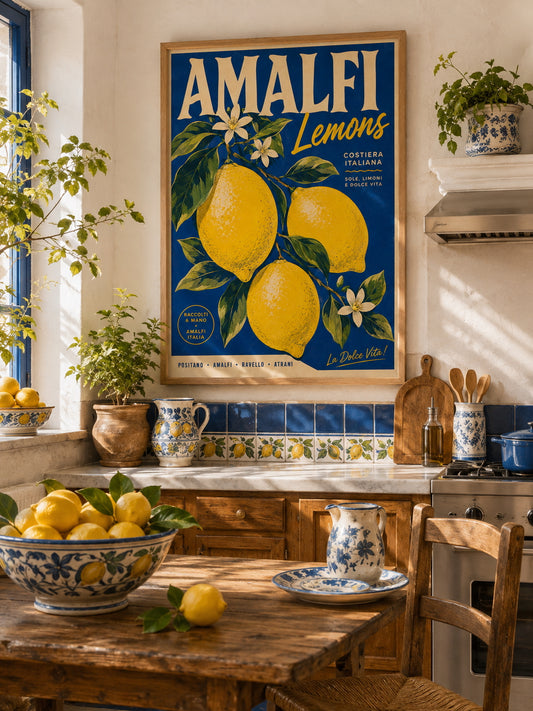 Amalfi Lemons Travel Poster displayed in a Mediterranean-style kitchen