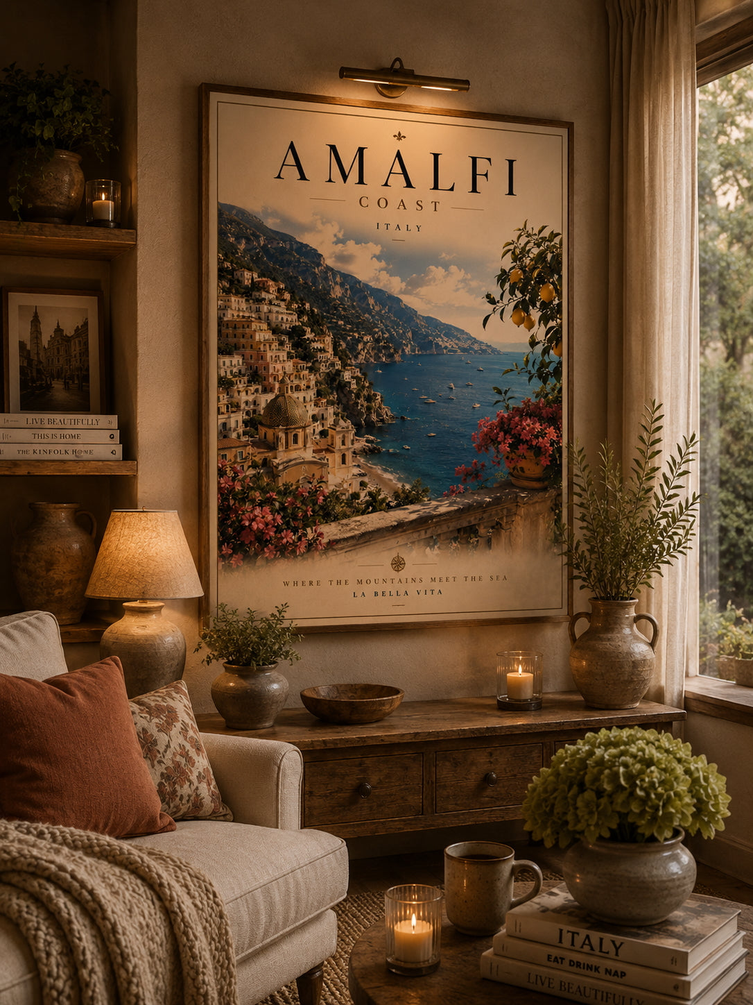 Amalfi Coast Travel Poster displayed in a modern living room.