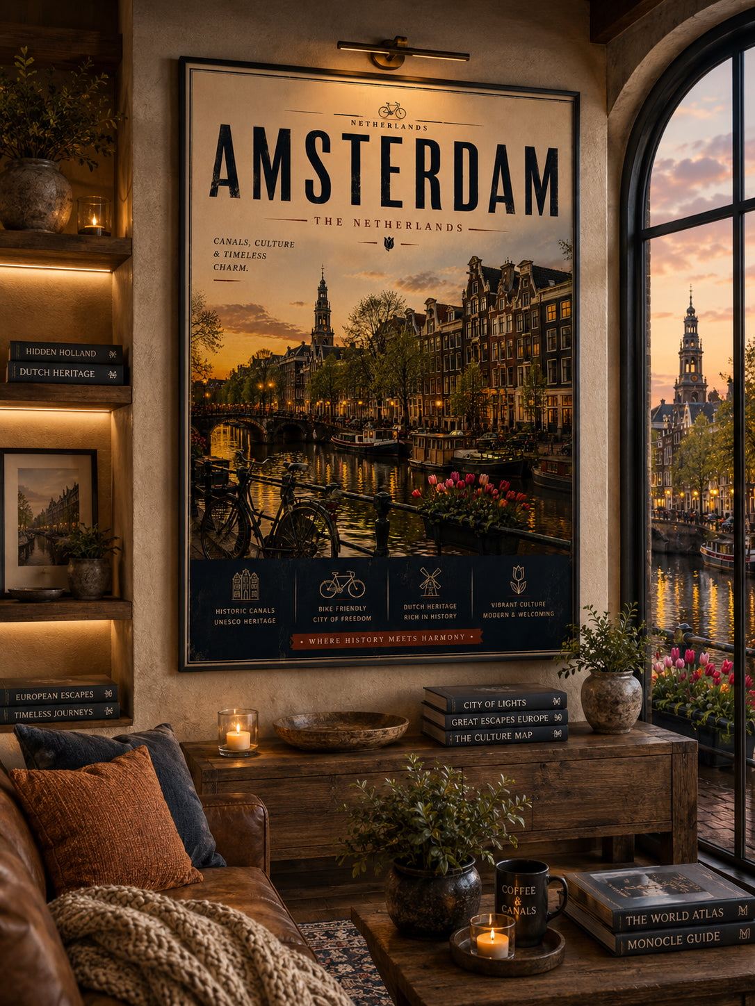 Amsterdam Travel Poster displayed in a modern living room.