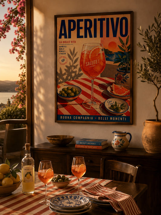 Aperitivo Poster displayed in a warm Mediterranean-style dining room