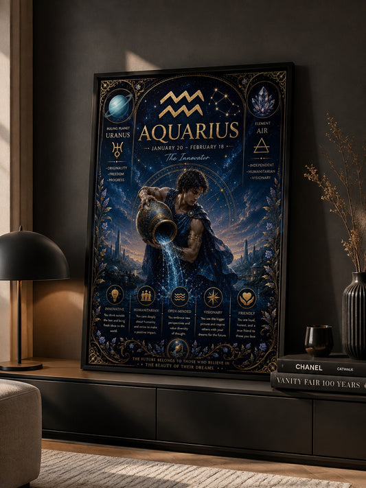 Aquarius Zodiac Poster displayed in a modern living room.