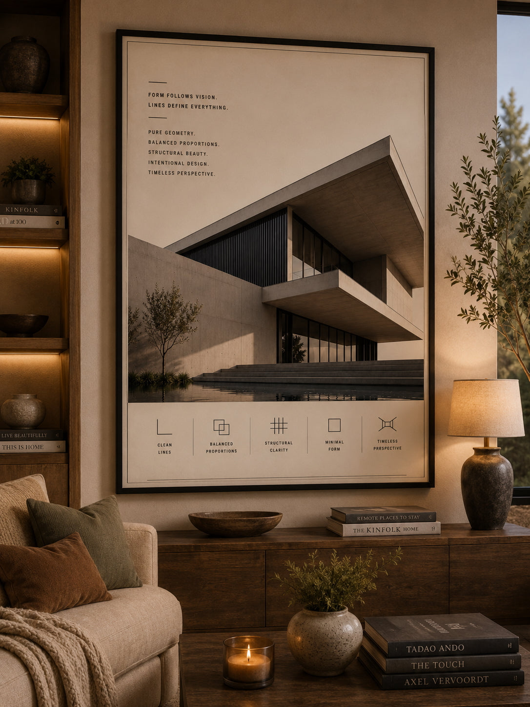 Architectural Lines Poster displayed in a modern living room.