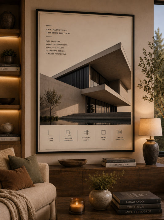 Architectural Lines Poster displayed in a modern living room.