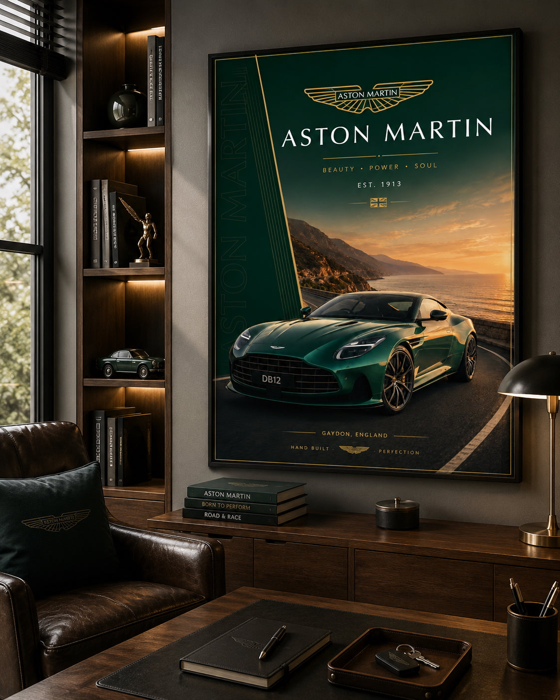 Aston Martin Car Poster displayed in a modern home office.