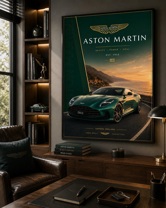 Aston Martin Car Poster displayed in a modern home office.