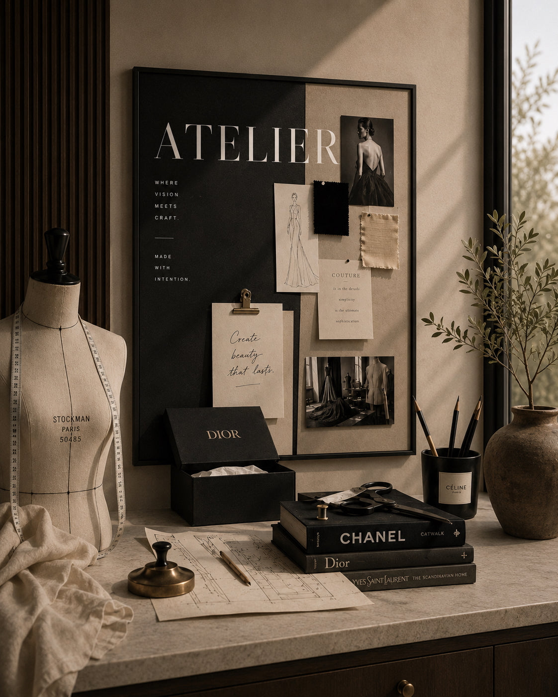 Atelier Fashion Poster displayed in a modern office.