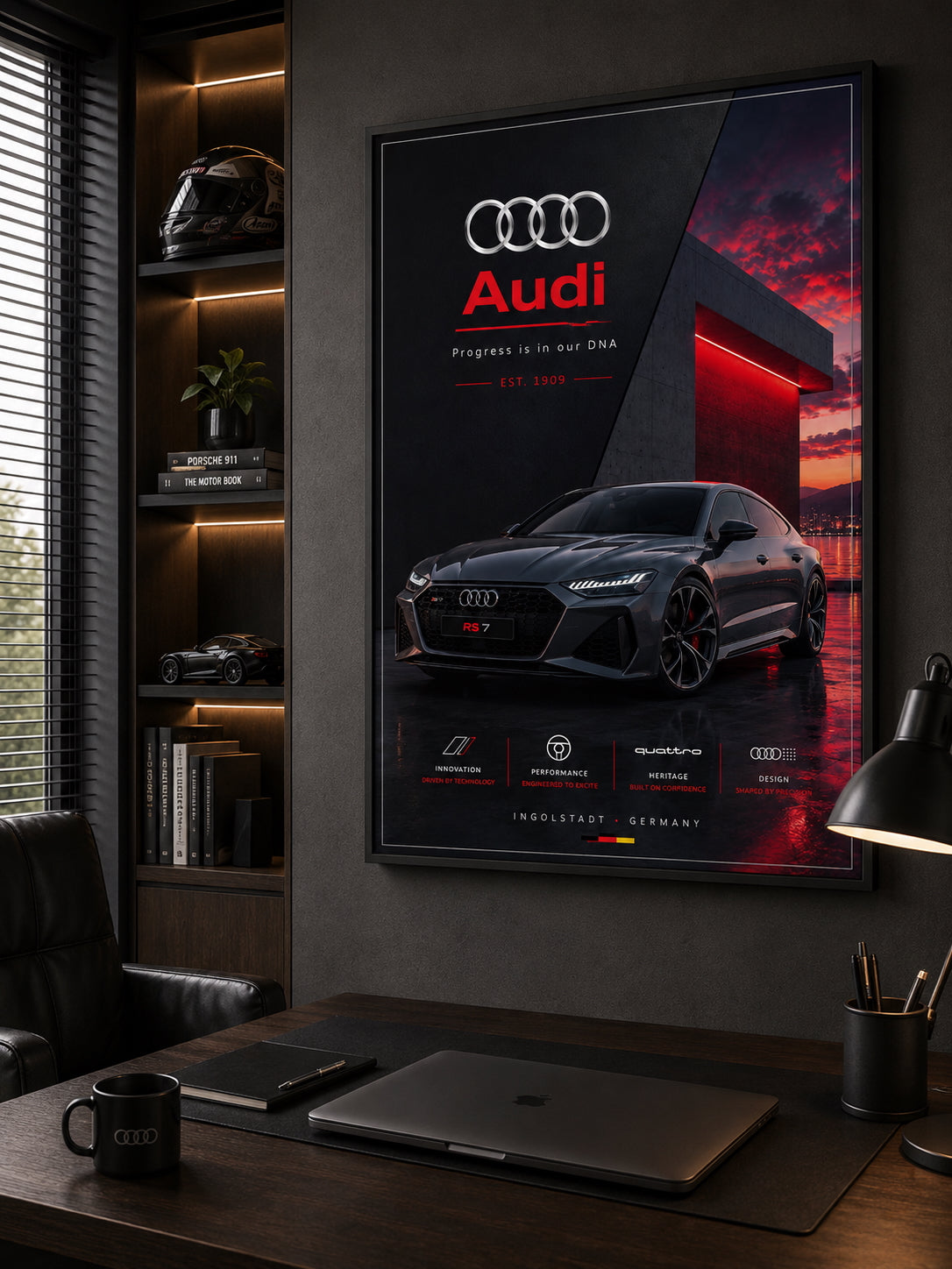 Audi Car Poster displayed in a modern home office.
