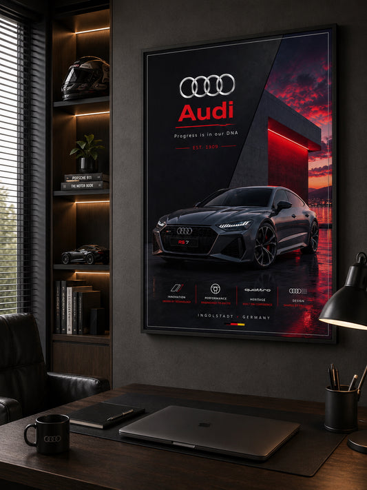 Audi Car Poster displayed in a modern home office.