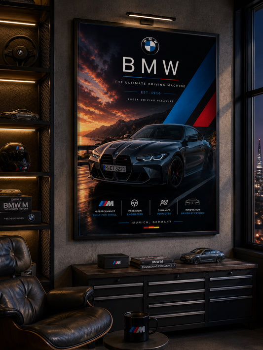 BMW Car Poster displayed in a modern home office.