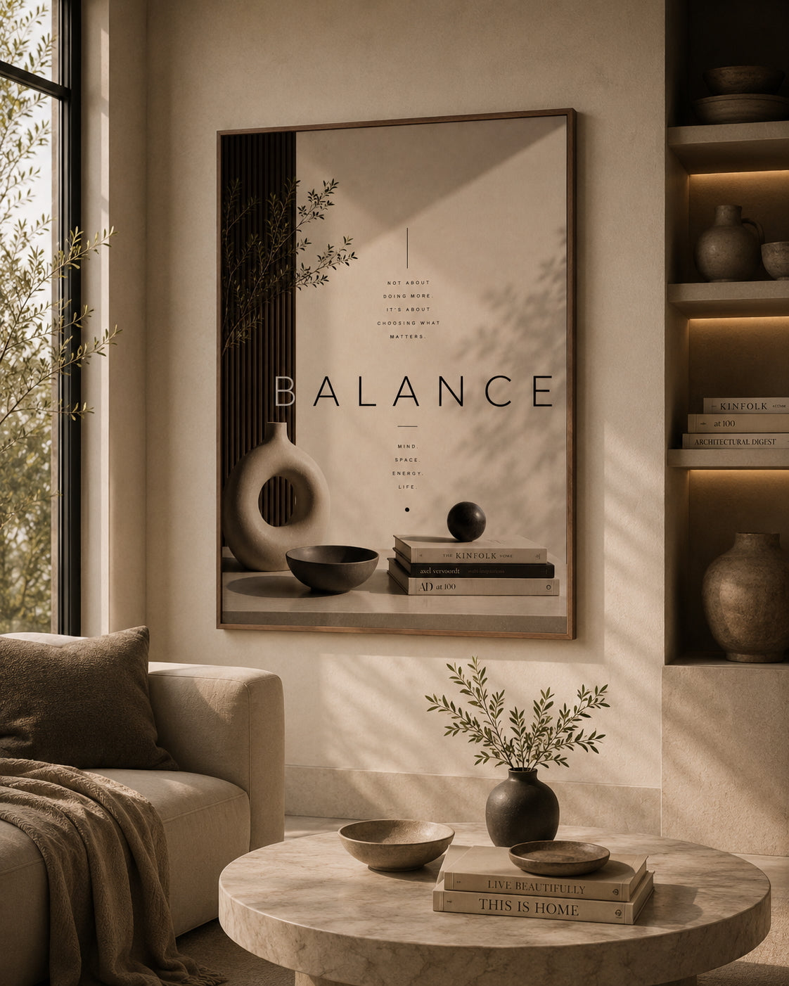 Balance Typography Poster displayed in a modern living room.