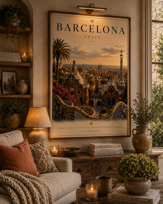 Barcelona Travel Poster displayed in a modern living room.