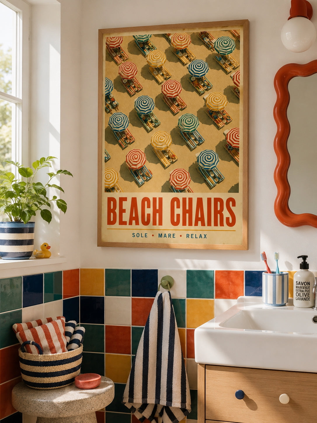 Beach Chairs Poster displayed in a colourful contemporary bathroom