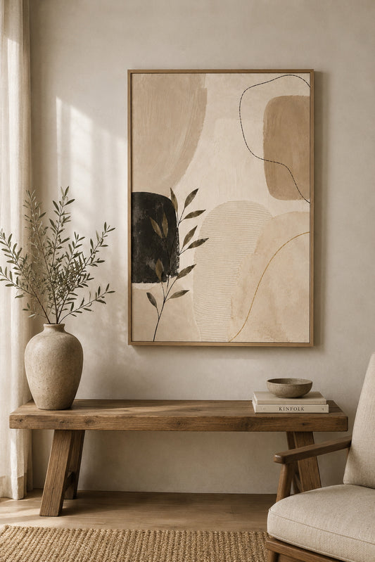 Beige Abstract No. 2 Poster displayed in a modern living room.