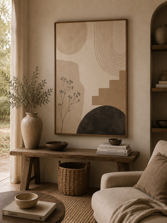 Beige Abstract No. 3 Poster displayed in a modern living room.
