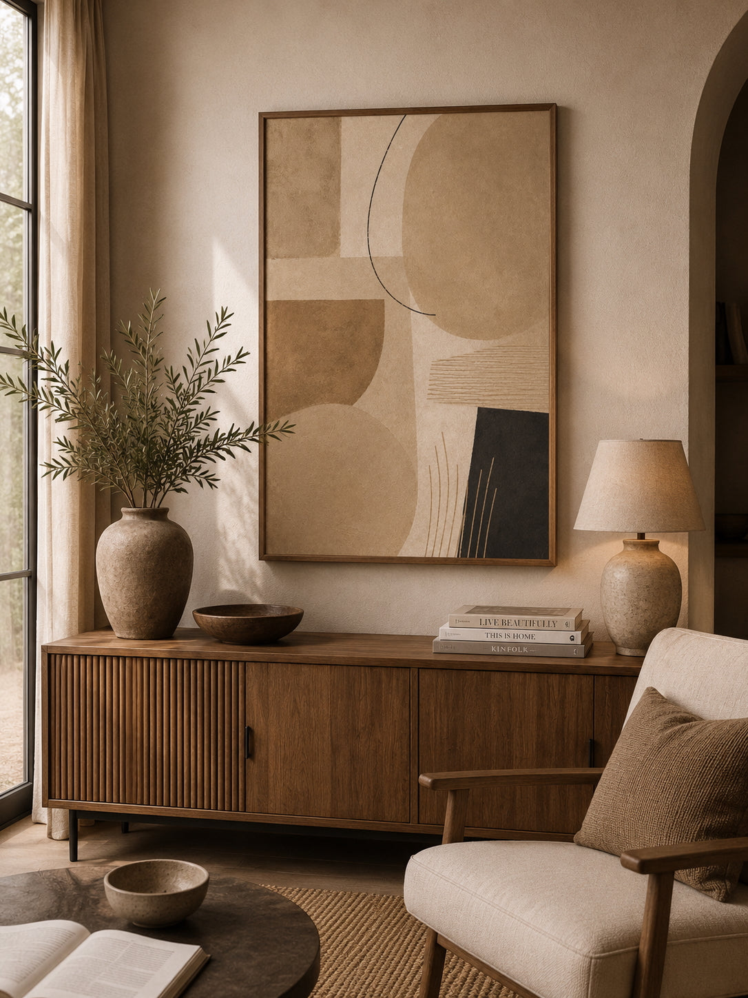 Beige Abstract No. 4 Poster displayed in a modern living room.