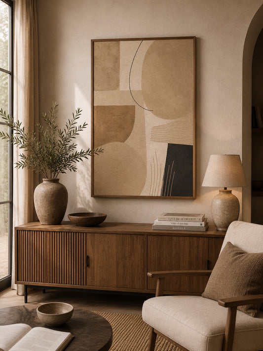 Beige Abstract No. 4 Poster displayed in a modern living room.
