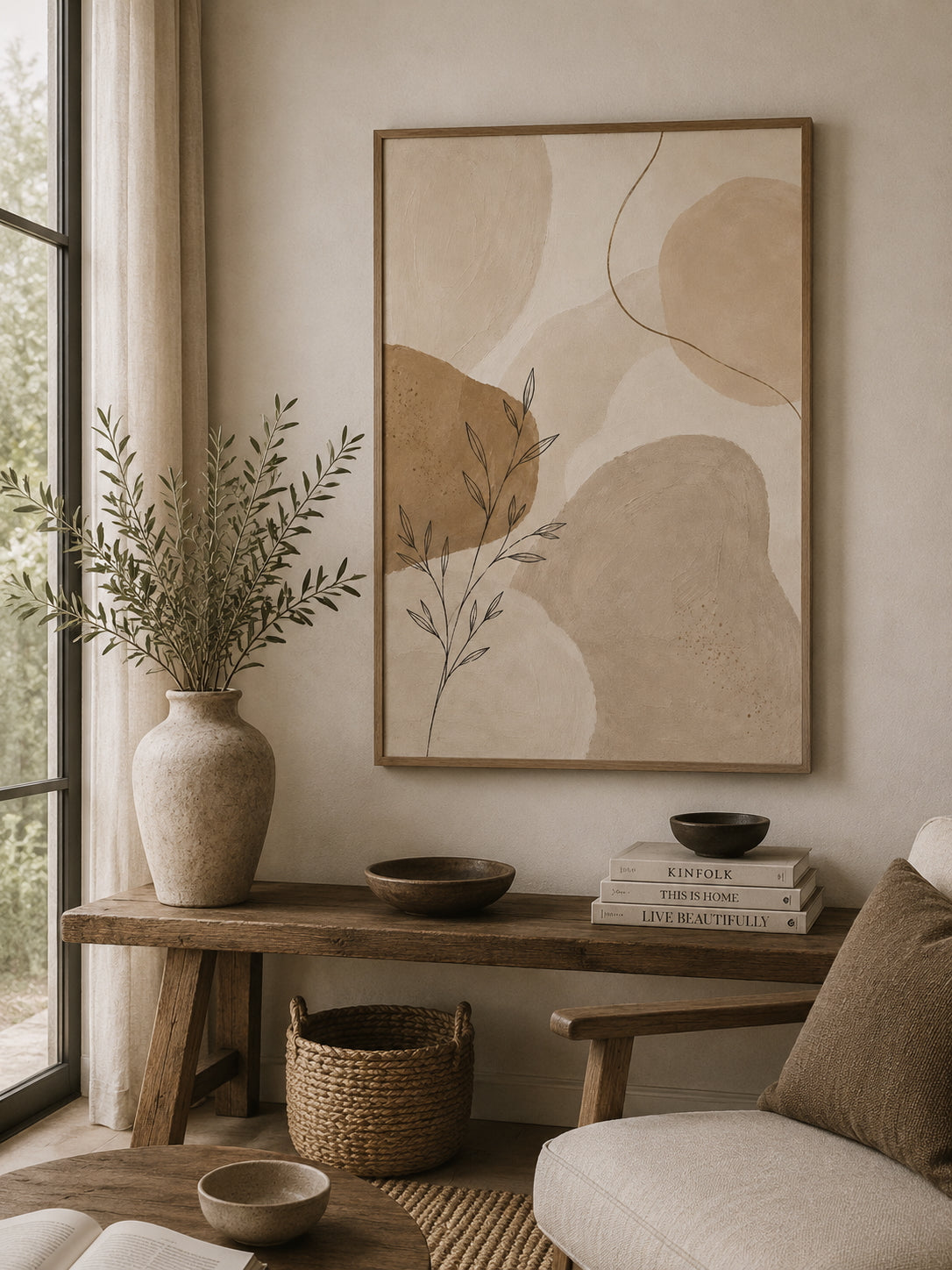 Beige Abstract No. 1 Poster displayed in a modern living room.