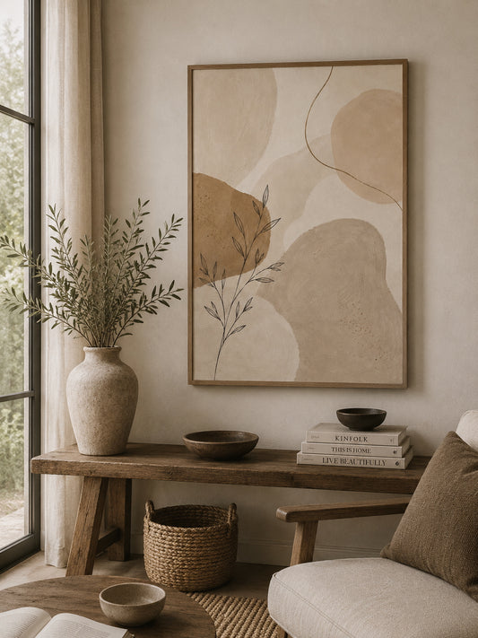 Beige Abstract No. 1 Poster displayed in a modern living room.