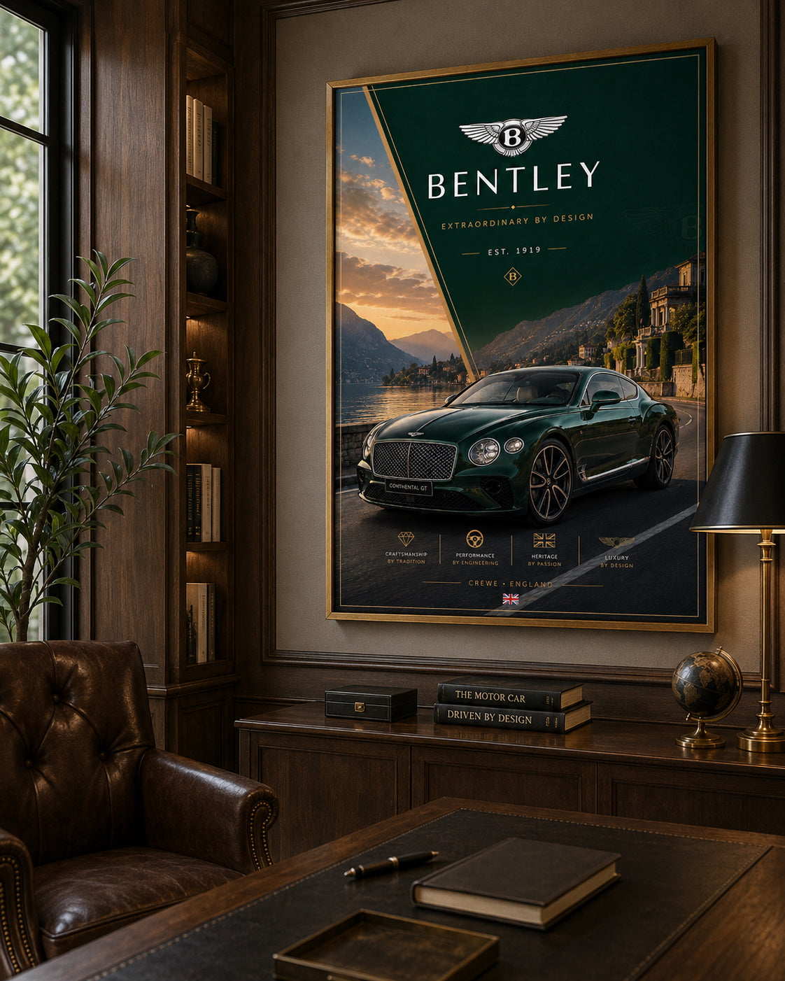 entley Car Poster displayed in a modern home office.