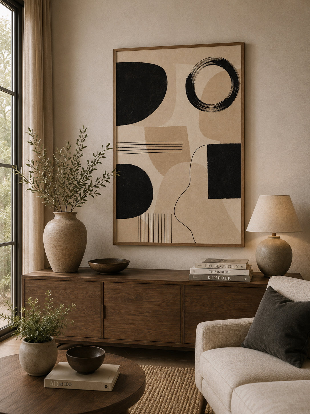Black Abstract No. 1 Poster displayed in a modern living room.
