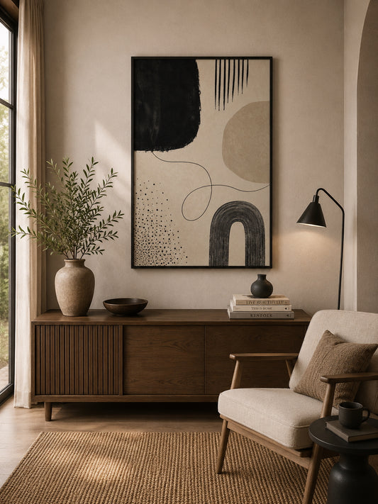 Black Abstract No. 2 Poster displayed in a modern living room.