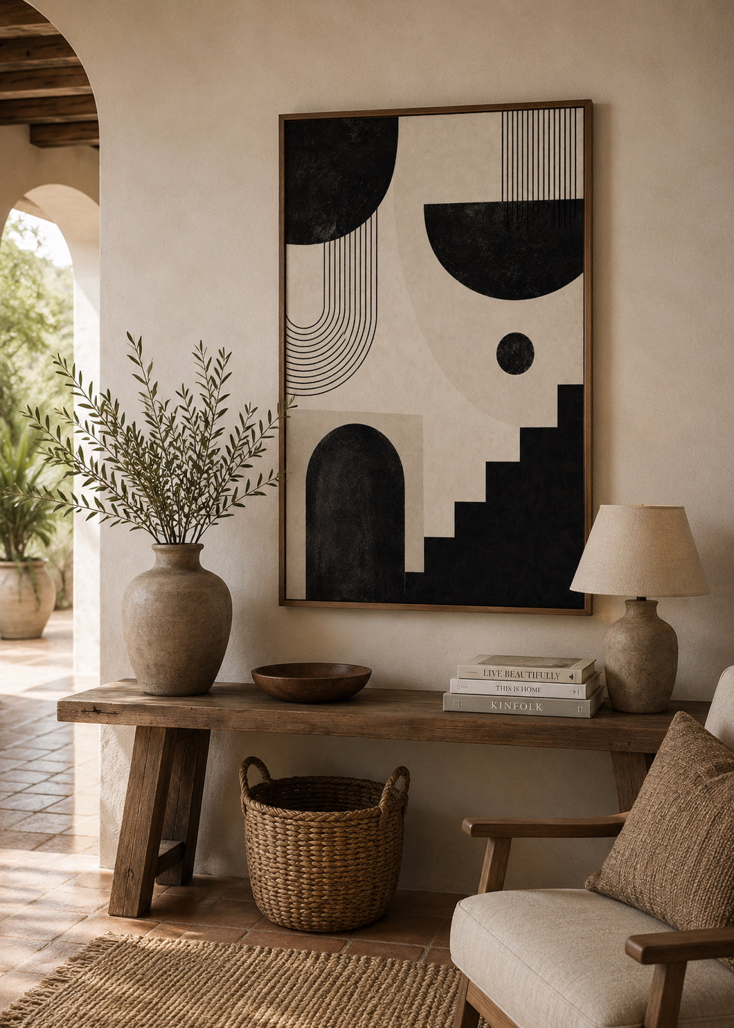 Black Abstract No. 3 Poster displayed in a modern living room.