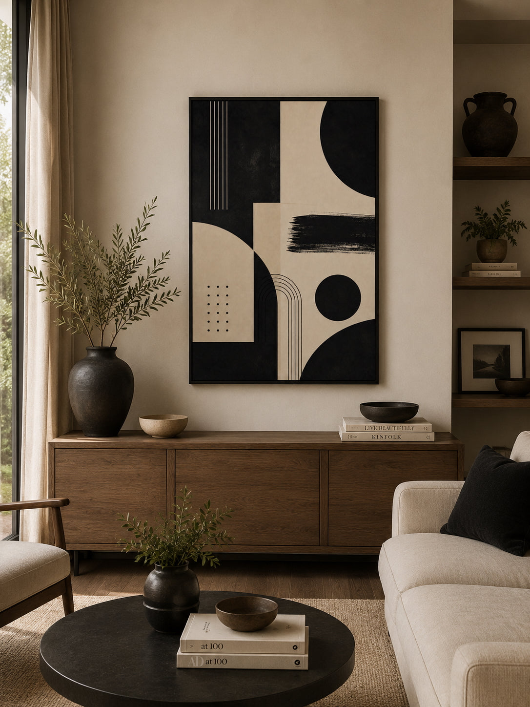 Black Abstract No. 4 Poster displayed in a modern living room.