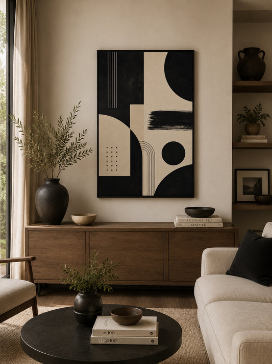 Black Abstract No. 4 Poster displayed in a modern living room.