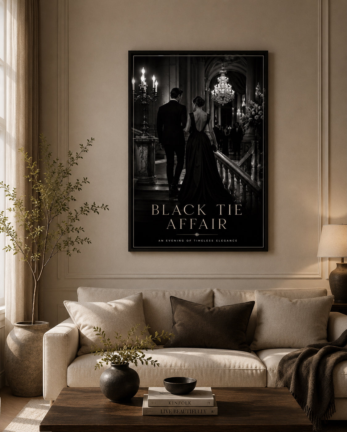 Black Tie Affair Fashion Poster displayed in a modern living room.