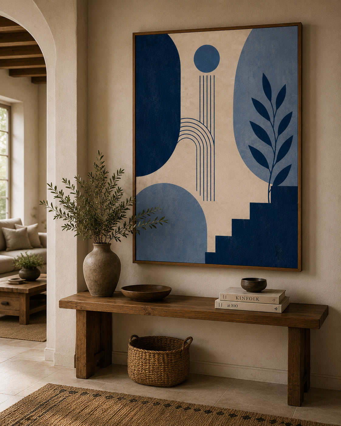 Blue Abstract No. 1 Poster displayed in a modern living room.