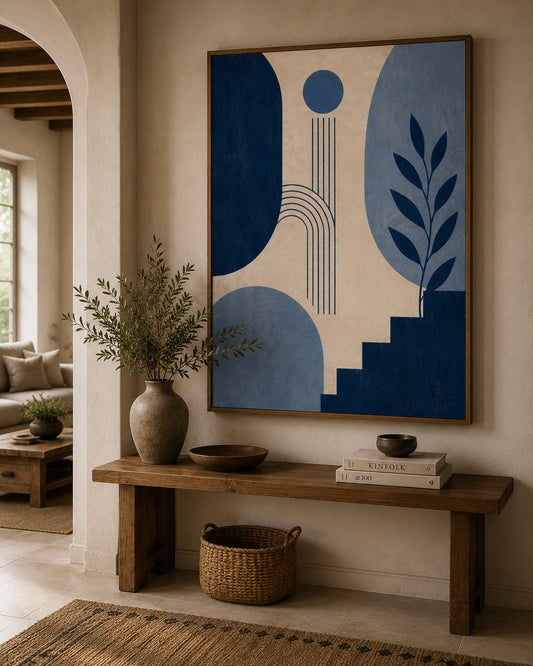 Blue Abstract No. 1 Poster displayed in a modern living room.