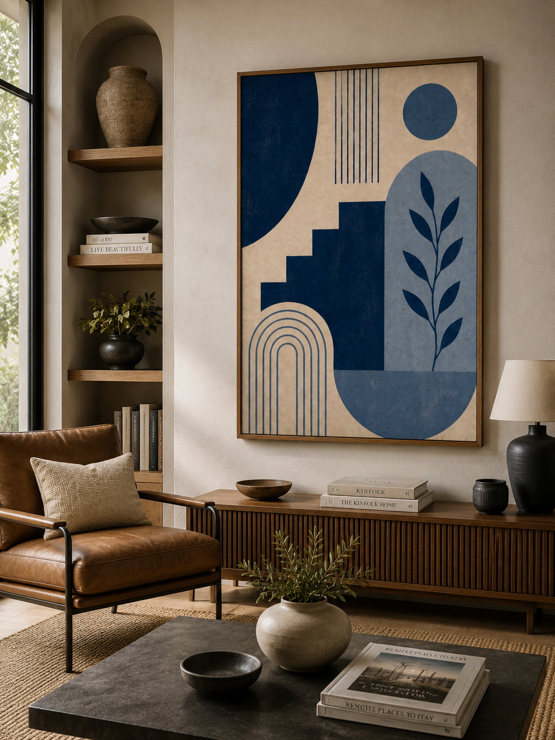 Blue Abstract No. 2 Poster displayed in a modern living room.