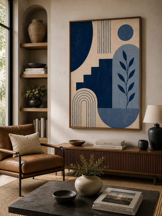 Blue Abstract No. 2 Poster displayed in a modern living room.