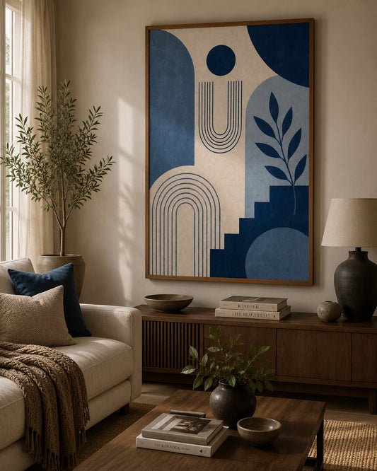 Blue Abstract No. 3 Poster displayed in a modern living room.