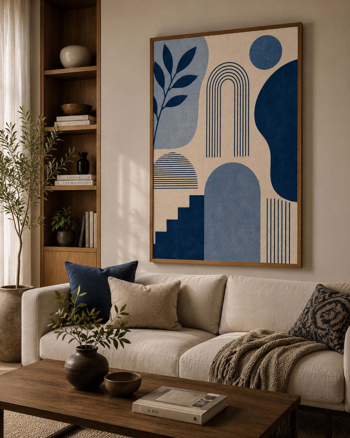Blue Abstract No. 4 Poster displayed in a modern living room.