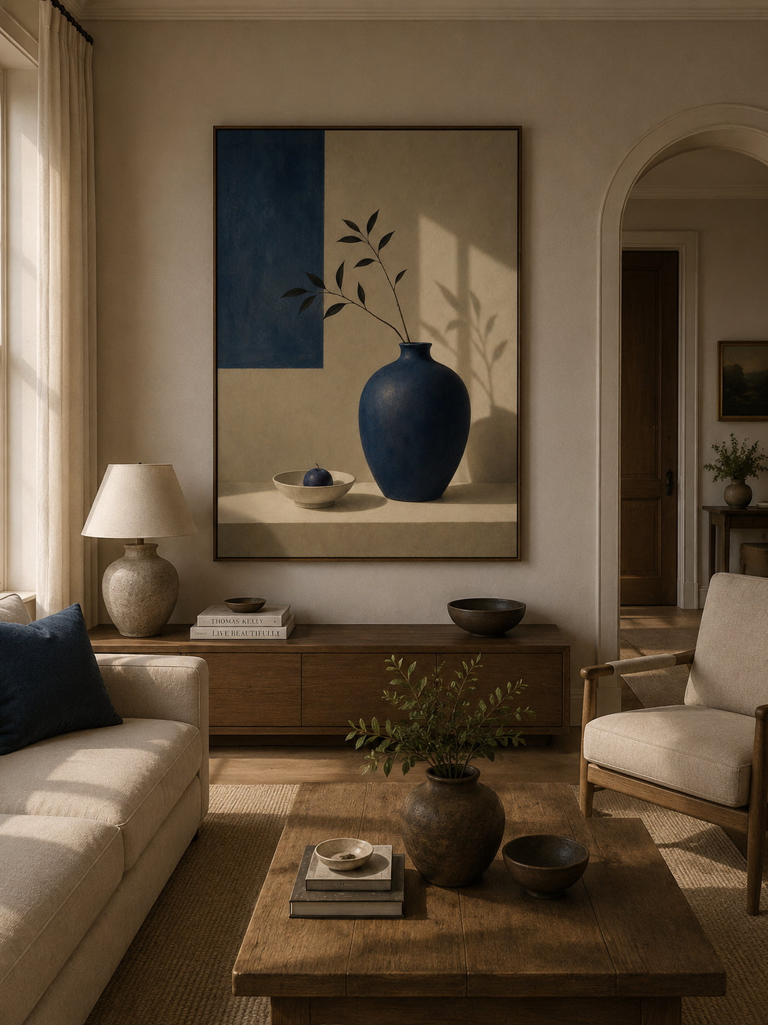 Blue Vase Still Life Poster displayed in a modern living room.