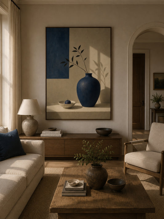 Blue Vase Still Life Poster displayed in a modern living room.