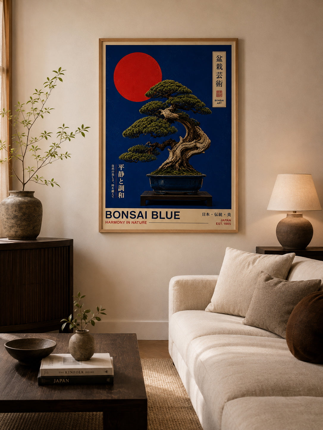 Bonsai Blue Poster displayed in a warm contemporary living room