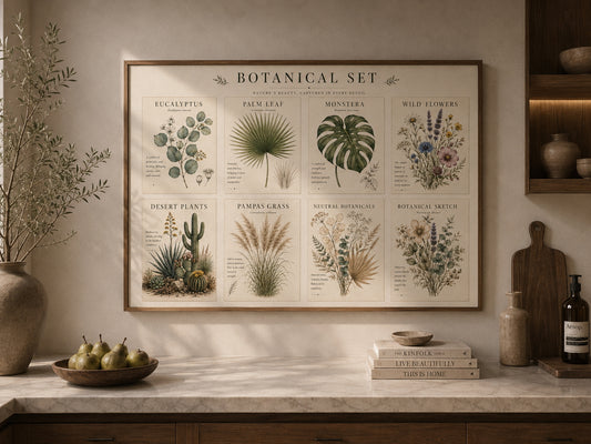 Botanical Set Poster displayed in a modern kitchen.