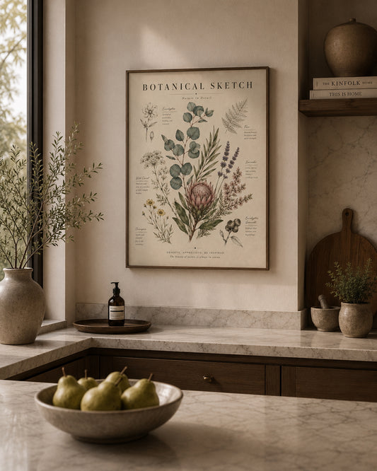 Botanical Sketch Poster displayed in a modern kitchen.