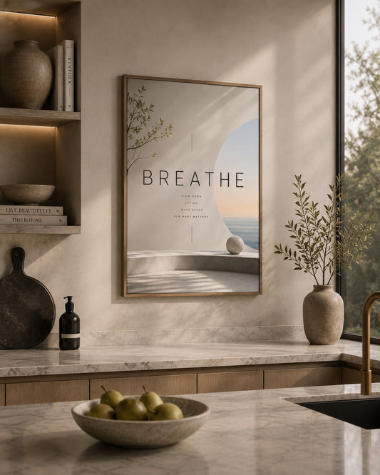 Breathe Typography Poster displayed in a modern kitchen.