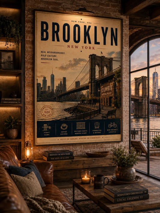 Brooklyn Travel Poster displayed in a modern living room.