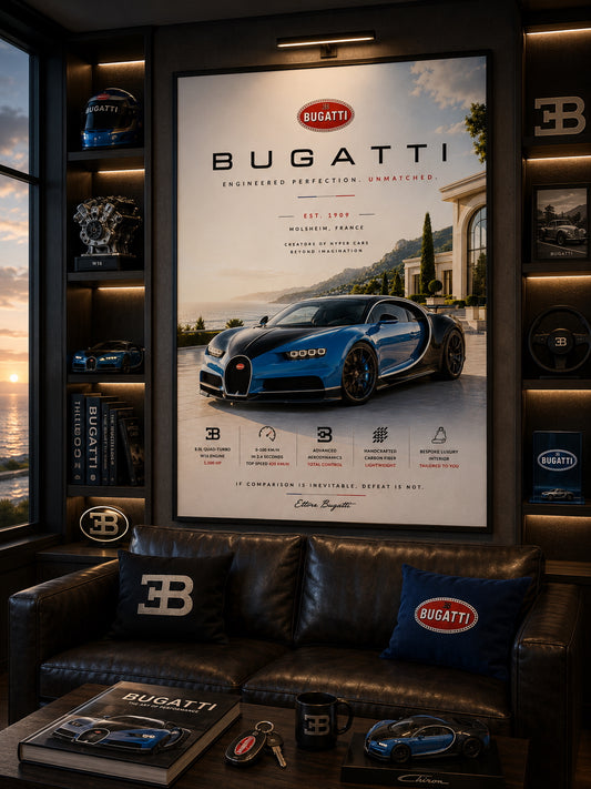 Bugatti Car Poster displayed in a modern home office.
