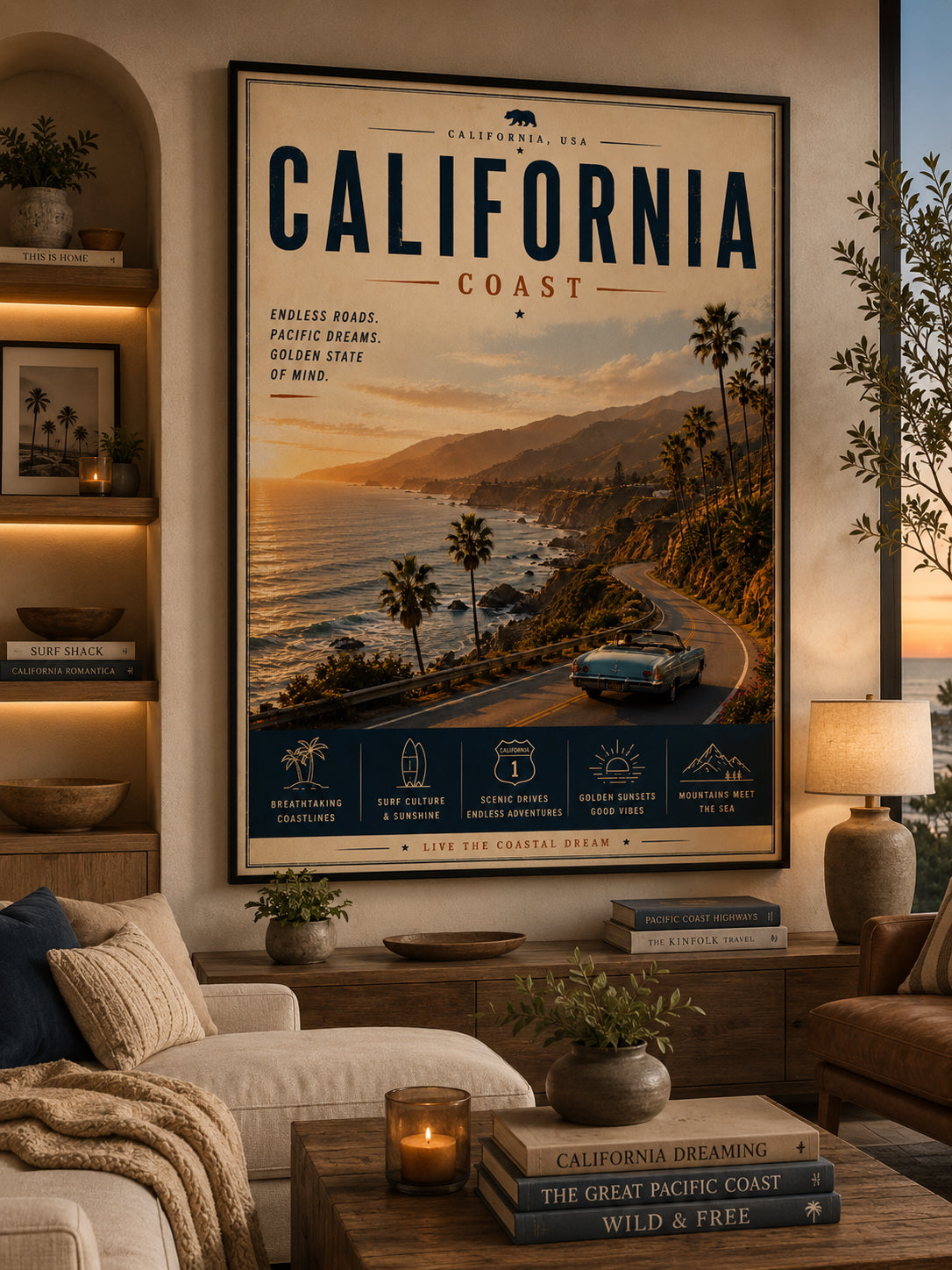 California Coast Travel Poster displayed in a modern living room.