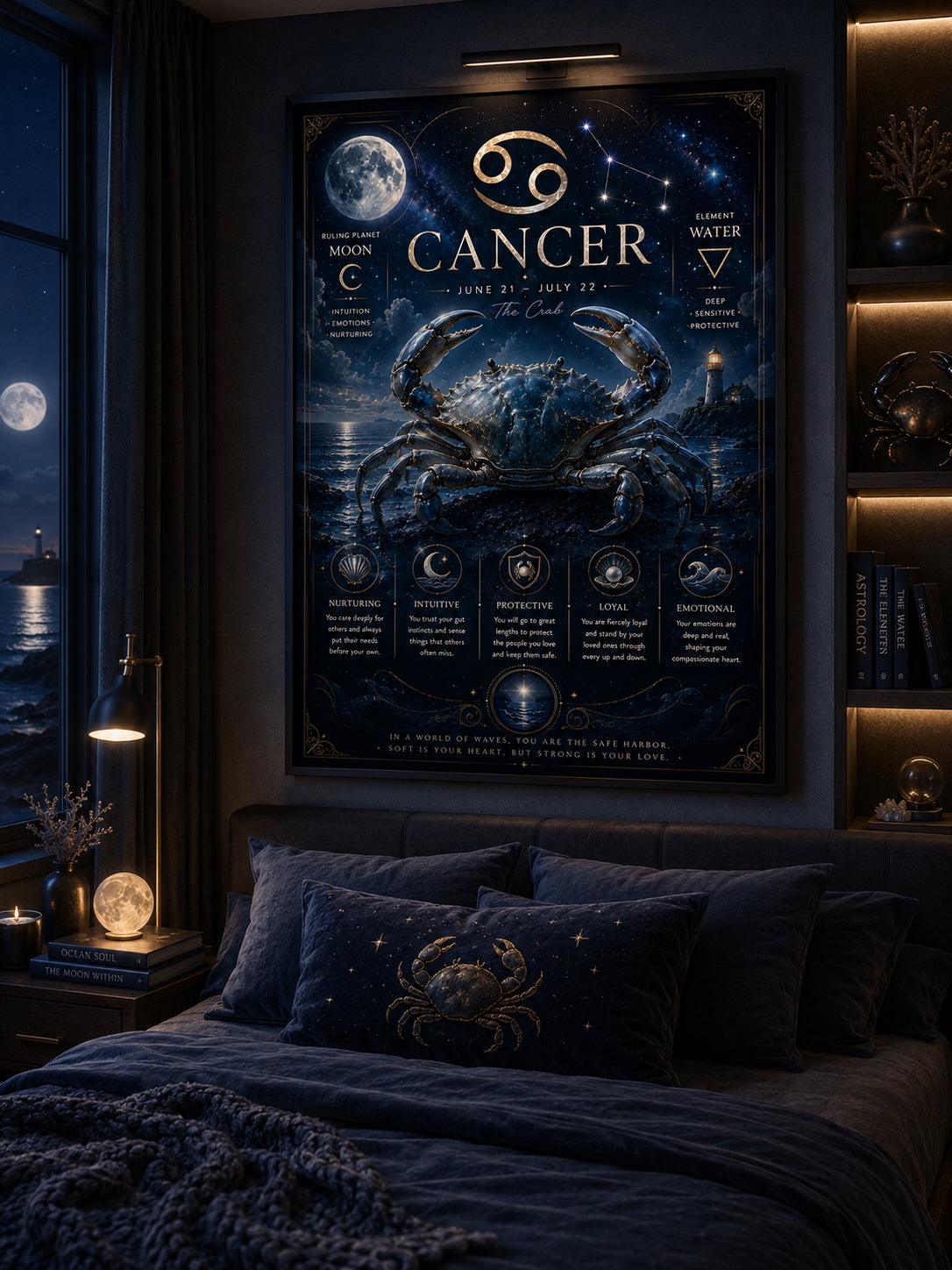 Cancer Zodiac Poster displayed in a modern bedroom.
