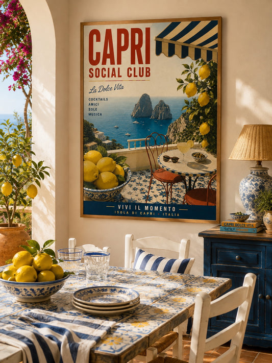 Capri Social Club Travel Poster displayed in a Mediterranean-style dining room