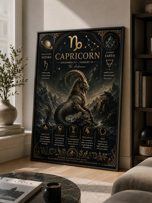 Capricorn Zodiac Poster displayed in a modern living room.