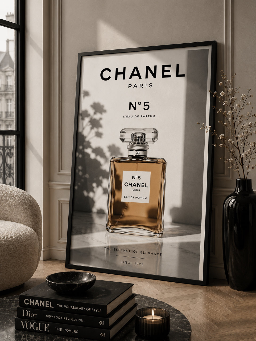 Chanel Fashion Poster displayed in a modern living room.
