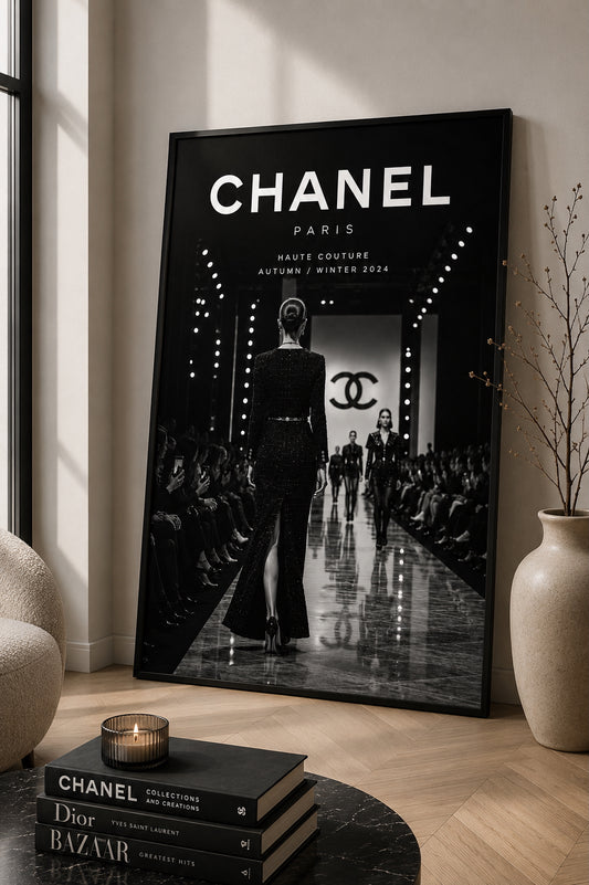 Chanel Runway Fashion Poster displayed in a modern living room.
