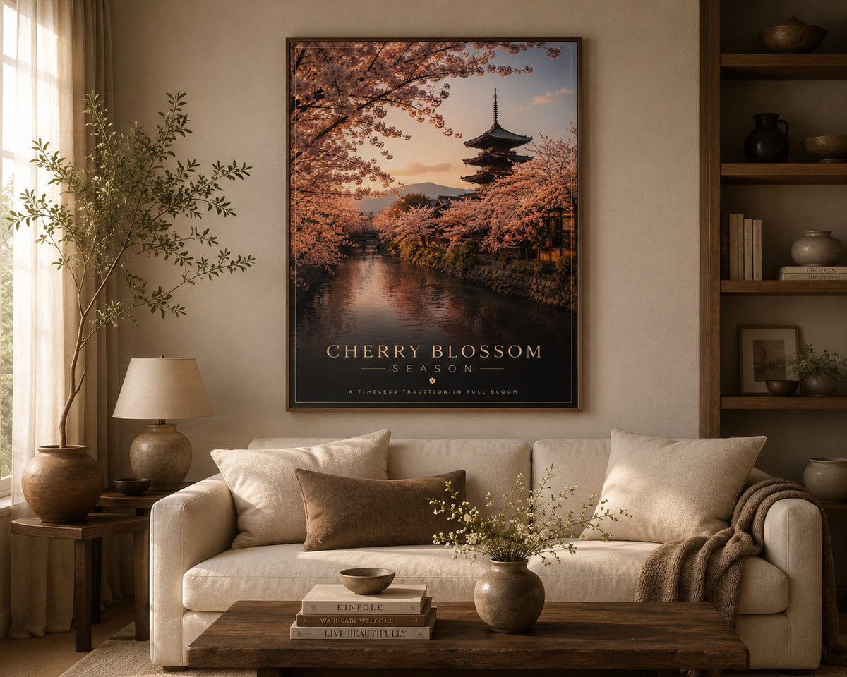 Cherry Blossom Season Poster displayed in a modern living room.